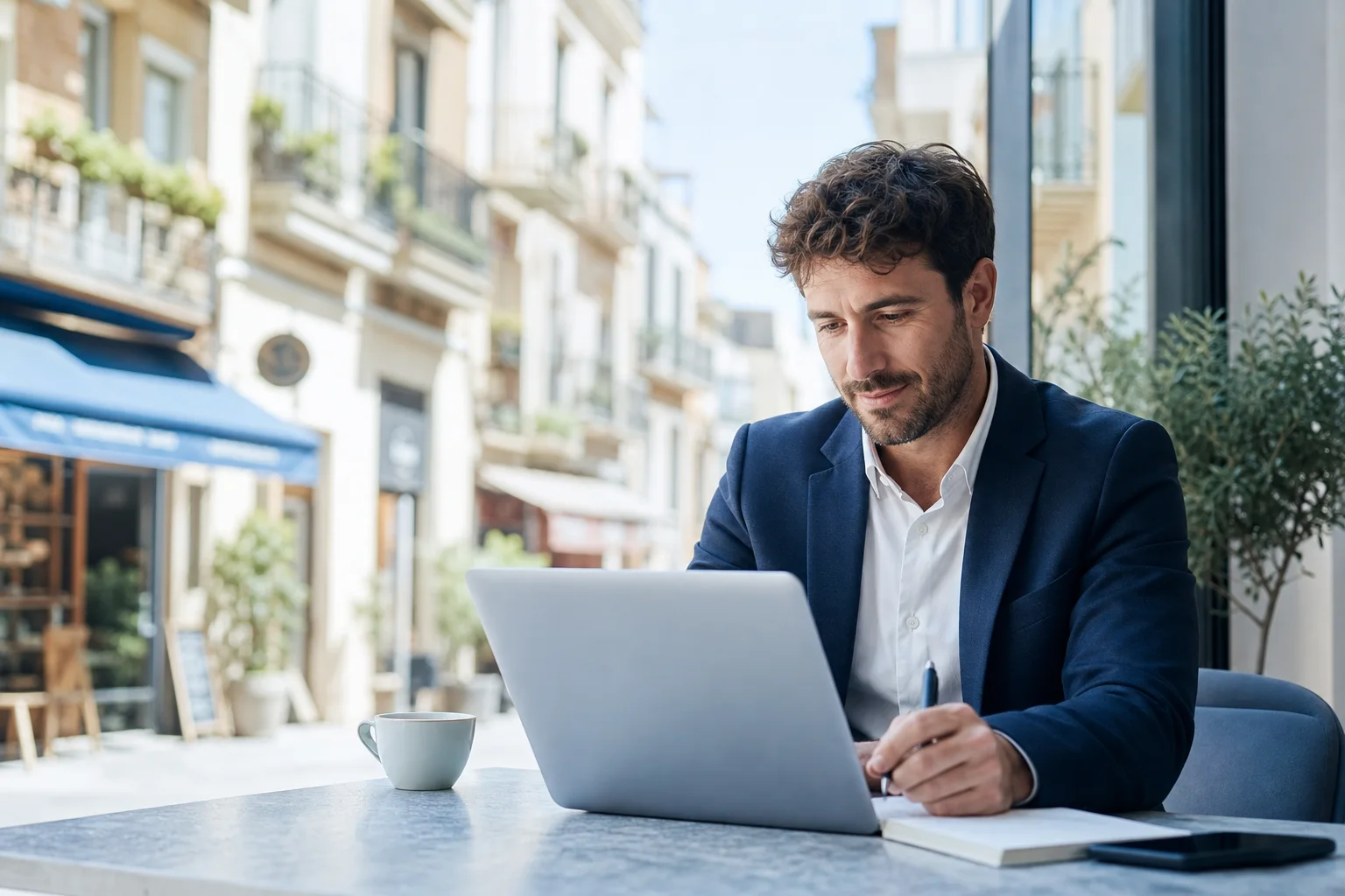 Comercial preparando seguimiento para negocios locales desde un cafe